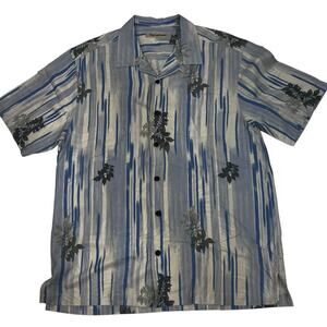 Tommy Bahama 100% Silk Camp Shirt Blue Gray Stripe Floral Hawaiian Shirt Medium